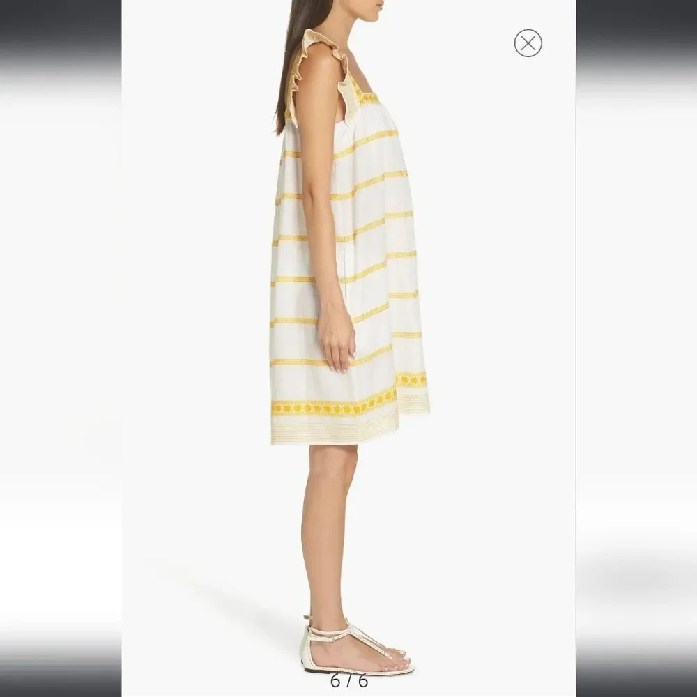 TORY BURCH Ruffle-Trimmed Embroidered Linen and Cotton-Blend Mini Dress Size‎ S
